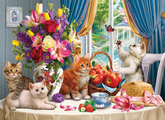 DIAMOND PAINTING - Katzen mit blumenesstisch